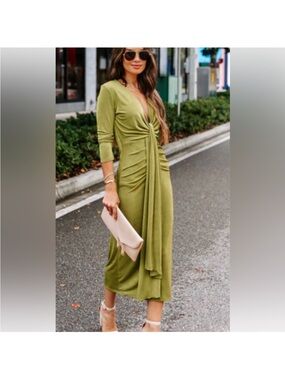 Vici Eve Plunge Drape Midi Dress - Bright Olive